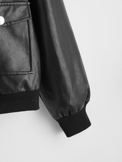 Faux Shearling Collar Zip Up PU Leather Jacket - LuckyFash™