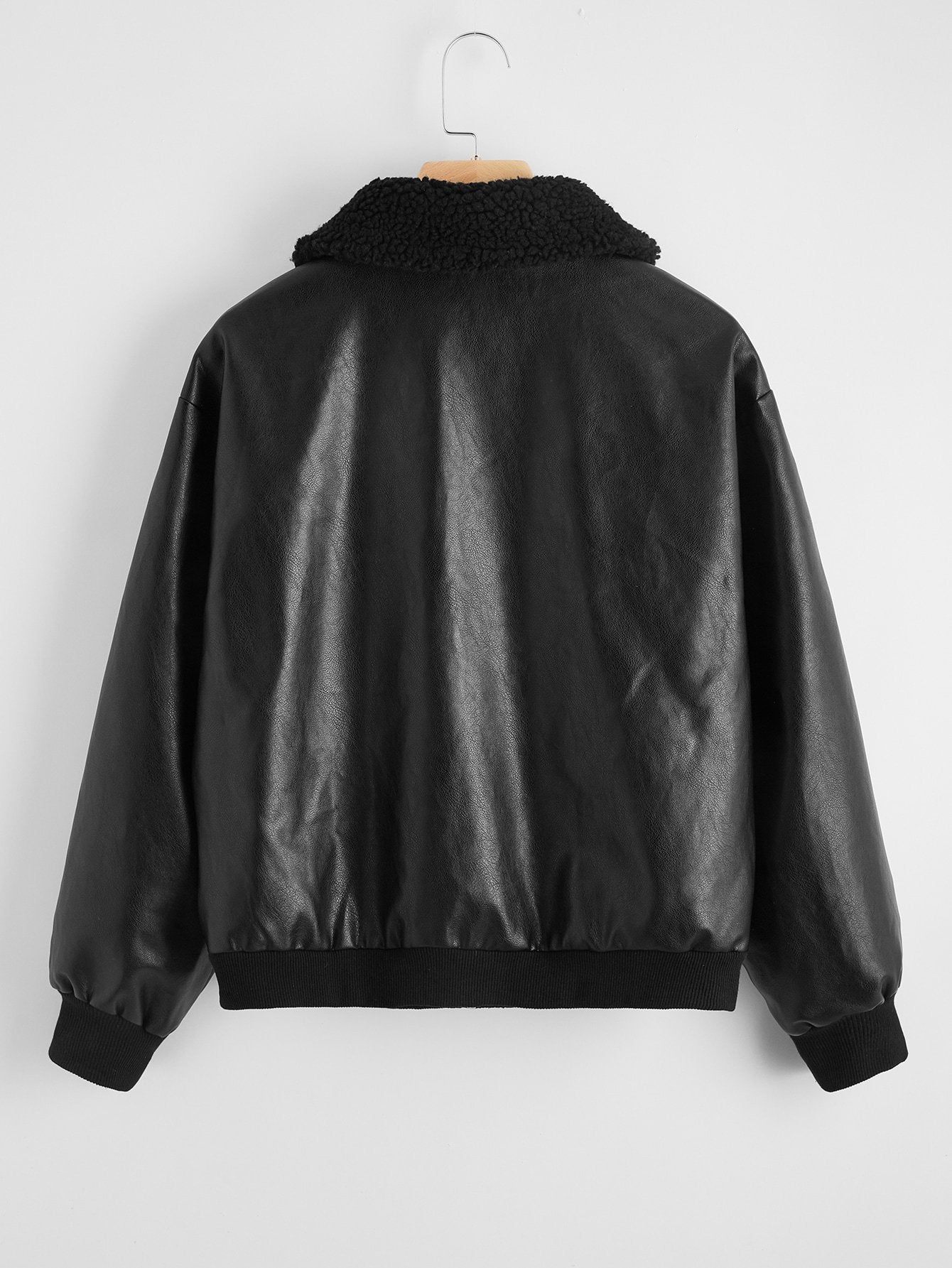 Faux Shearling Collar Zip Up PU Leather Jacket - LuckyFash™