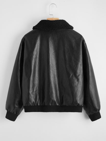 Faux Shearling Collar Zip Up PU Leather Jacket - LuckyFash™