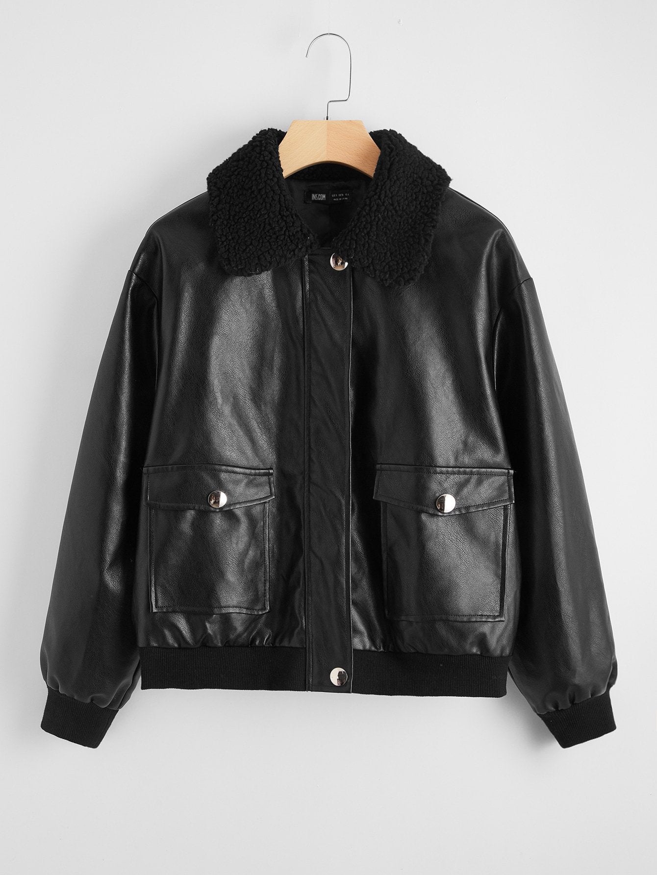 Faux Shearling Collar Zip Up PU Leather Jacket - LuckyFash™