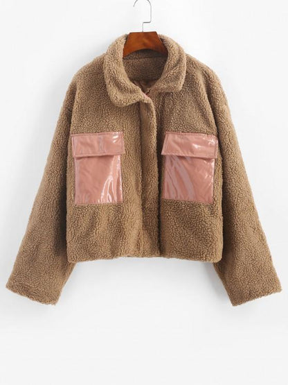 Faux Shearling Vinyl Flap Pocket Teddy Coat - LuckyFash™