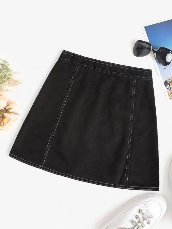 Faux Suede Topstitch Zip Fly Skirt - LuckyFash™