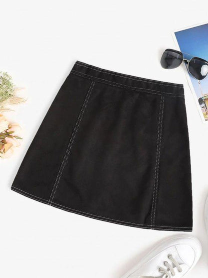 Faux Suede Topstitch Zip Fly Skirt - LuckyFash™