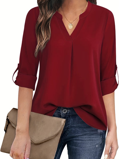 Solid Simple Blouse, Casual V Neck Long Sleeve Blouse, Women's Clothing