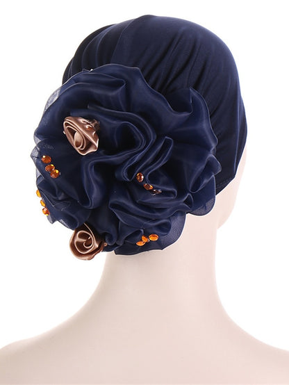 Women Solid Color Back Big Flower New Turban Muslim Hijab Caps Satin Flowers Arab Wrap Inner Hijabs Bonnet Hat Headdress - LuckyFash™