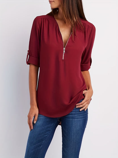 Solid V Neck Blouse, Casual Ruched Rollable Sleeve Half Zip Blouse, Women's Clothing