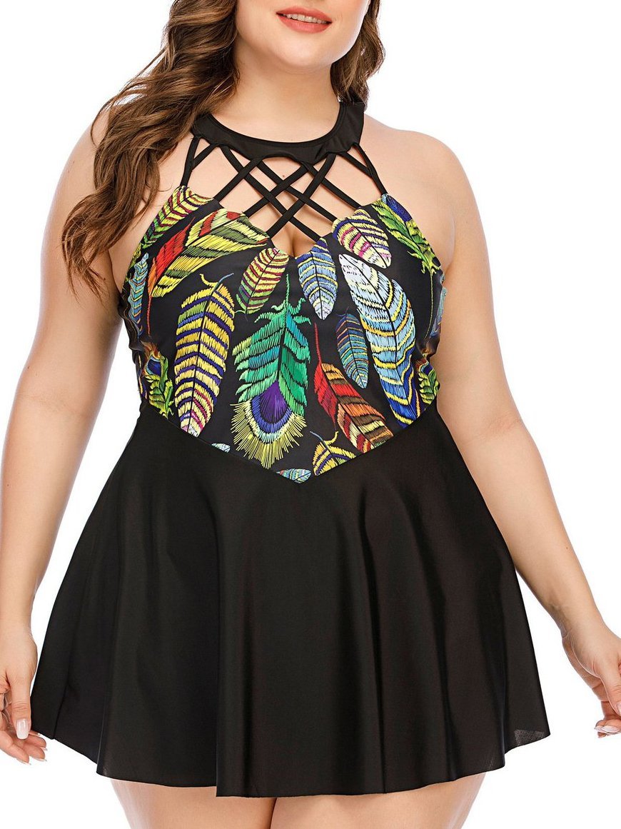Feather Butterfly Print Plus Size Skirt Swimsuit - LuckyFash™