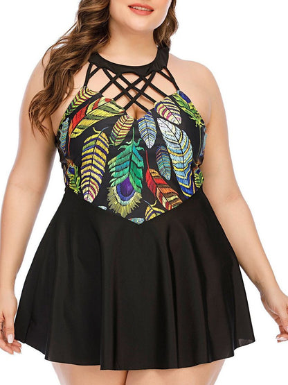 Feather Butterfly Print Plus Size Skirt Swimsuit - LuckyFash™