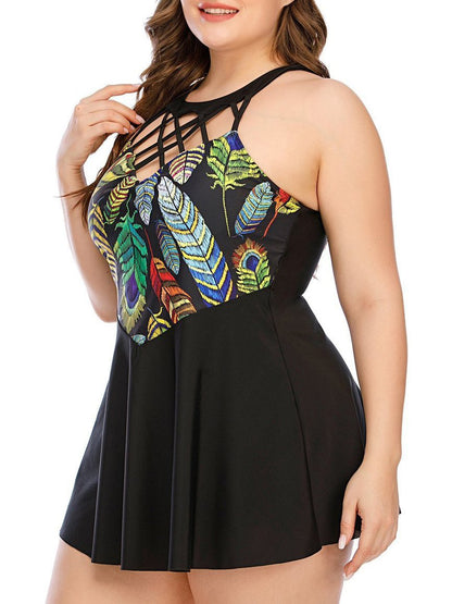 Feather Butterfly Print Plus Size Skirt Swimsuit - LuckyFash™