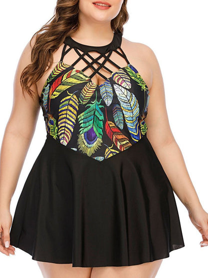 Feather Butterfly Print Plus Size Skirt Swimsuit - LuckyFash™