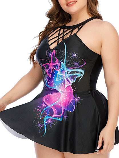 Feather Butterfly Print Plus Size Skirt Swimsuit - LuckyFash™