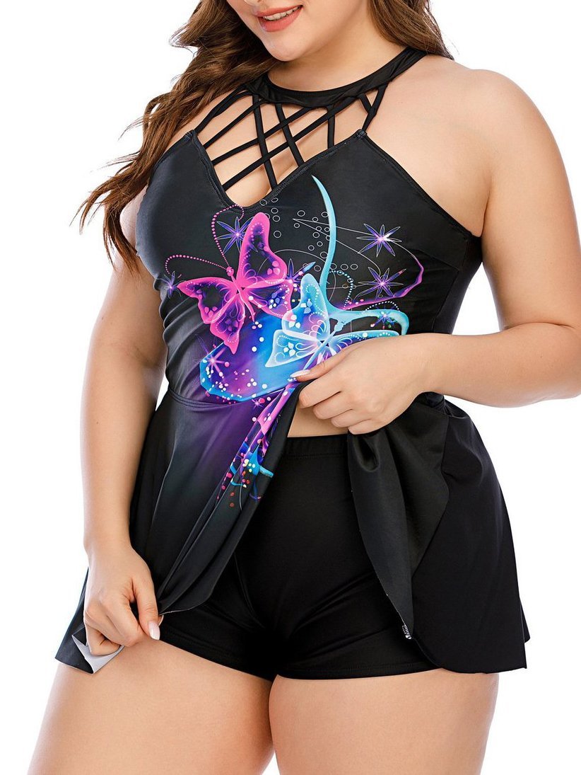Feather Butterfly Print Plus Size Skirt Swimsuit - LuckyFash™