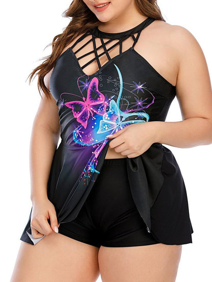 Feather Butterfly Print Plus Size Skirt Swimsuit - LuckyFash™