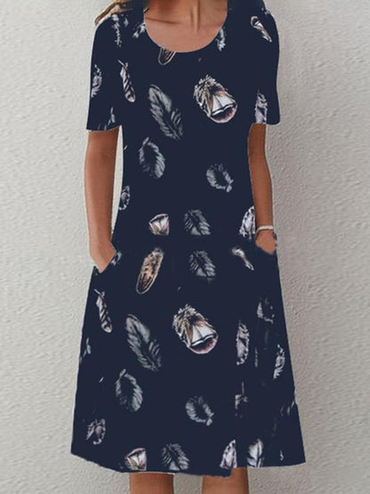 Feather Print Casual Round Neck Short Sleeve Pocket Dress - LuckyFash™
