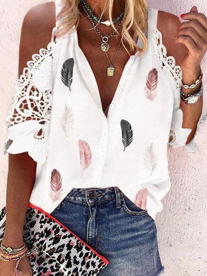 Feather Print Lace Stitching Short Sleeve Blouses - LuckyFash™