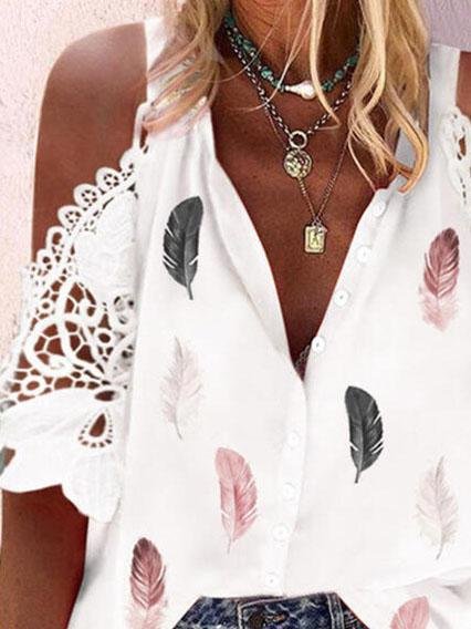 Feather Print Lace Stitching Short Sleeve Blouses - LuckyFash™