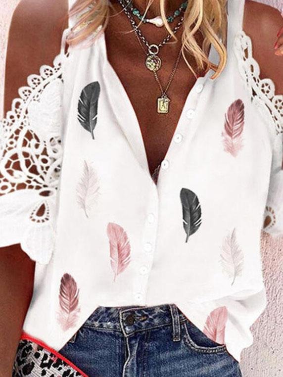 Feather Print Lace Stitching Short Sleeve Blouses - LuckyFash™