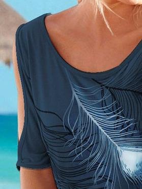 Feather Print Off-shoulder Round Neck T-shirt - LuckyFash™