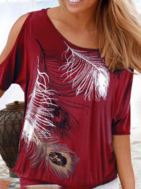 Feather Print Off-shoulder Round Neck T-shirt - LuckyFash™