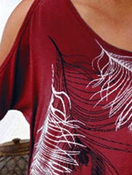 Feather Print Off-shoulder Round Neck T-shirt - LuckyFash™