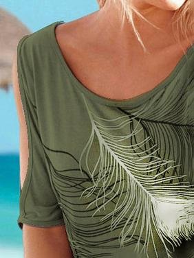 Feather Print Off-shoulder Round Neck T-shirt - LuckyFash™