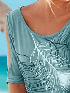 Feather Print Off-shoulder Round Neck T-shirt - LuckyFash™