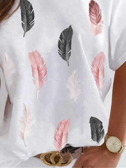 Feather Print Off Shoulder Short Sleeve Casual T-shirts - LuckyFash™