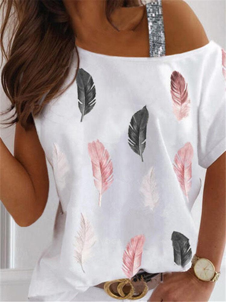Feather Print Off Shoulder Short Sleeve Casual T-shirts - LuckyFash™