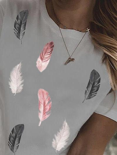 Feather Print Round Neck Short Sleeve Casual T-Shirts - LuckyFash™