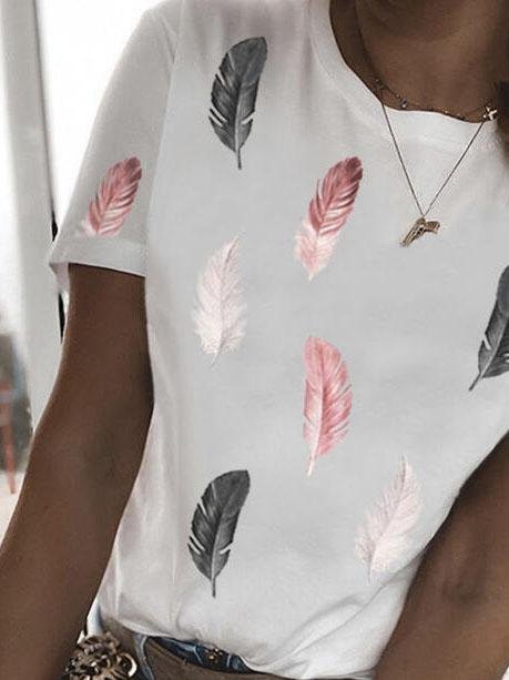 Feather Print Round Neck Short Sleeve Casual T-Shirts - LuckyFash™