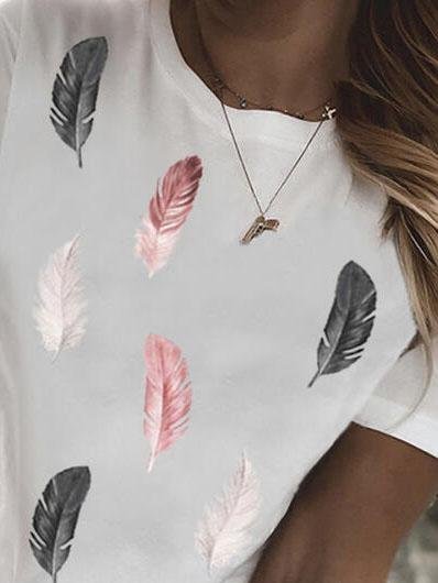 Feather Print Round Neck Short Sleeve Casual T-Shirts - LuckyFash™