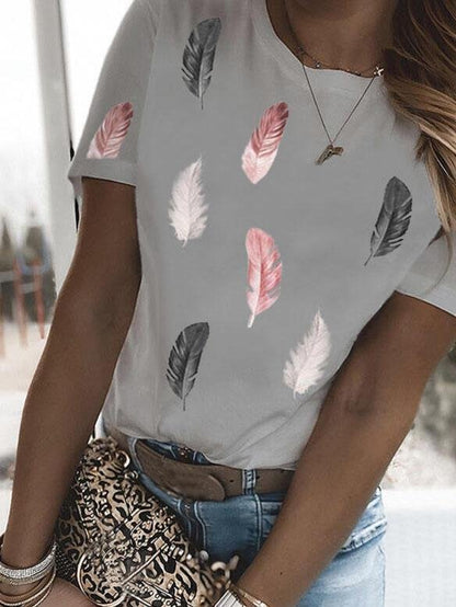 Feather Print Round Neck Short Sleeve Casual T-Shirts - LuckyFash™
