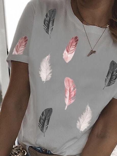 Feather Print Round Neck Short Sleeve Casual T-Shirts - LuckyFash™
