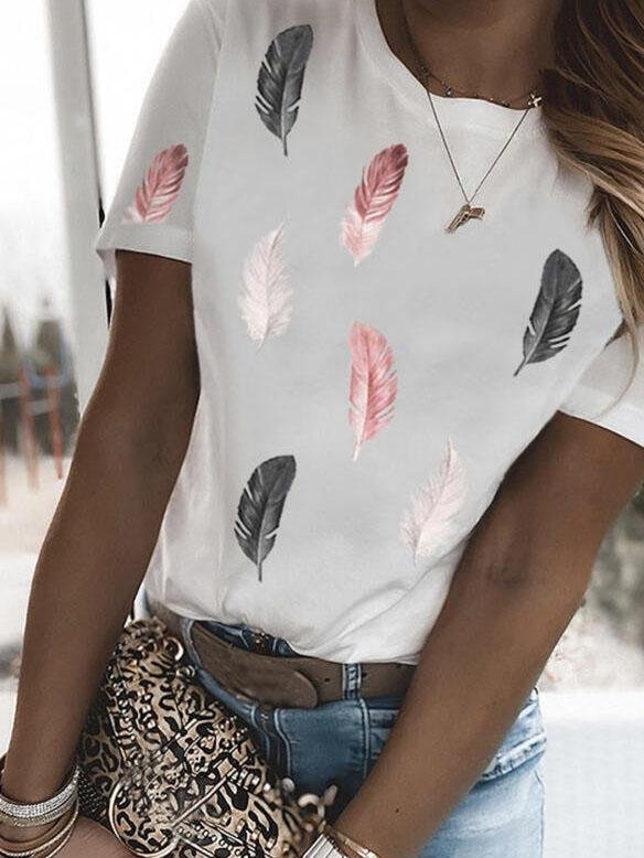 Feather Print Round Neck Short Sleeve Casual T-Shirts - LuckyFash™