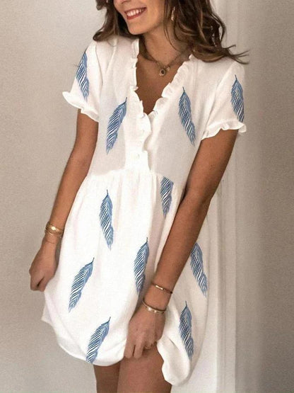 Feather Print Short Sleeve V-Neck Mini Dress - LuckyFash™