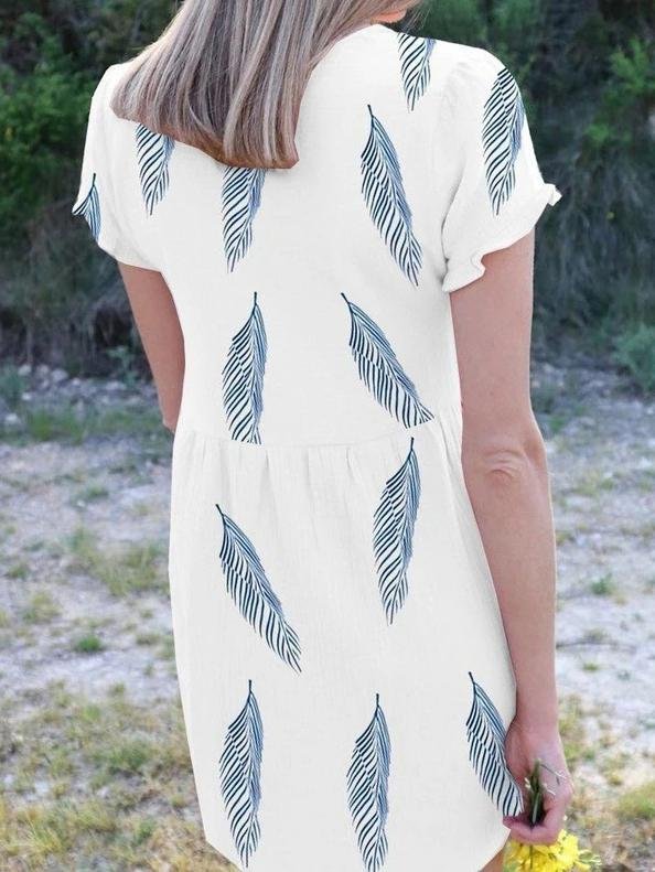 Feather Print Short Sleeve V-Neck Mini Dress - LuckyFash™