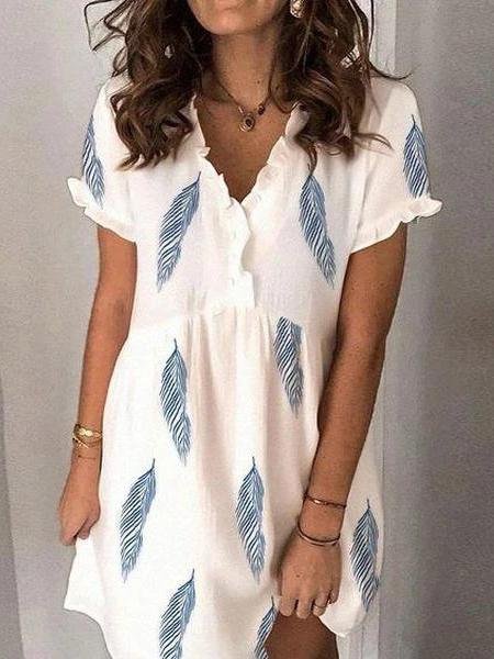 Feather Print Short Sleeve V-Neck Mini Dress - LuckyFash™