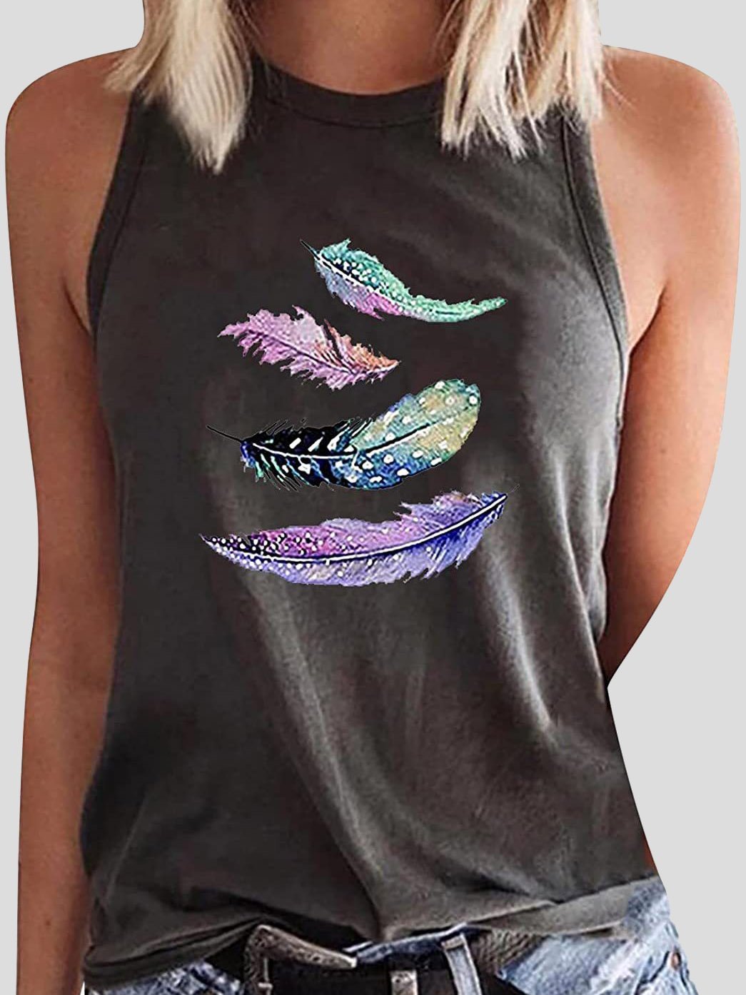 Feather Print Sleeveless Casual Tank Tops - LuckyFash™