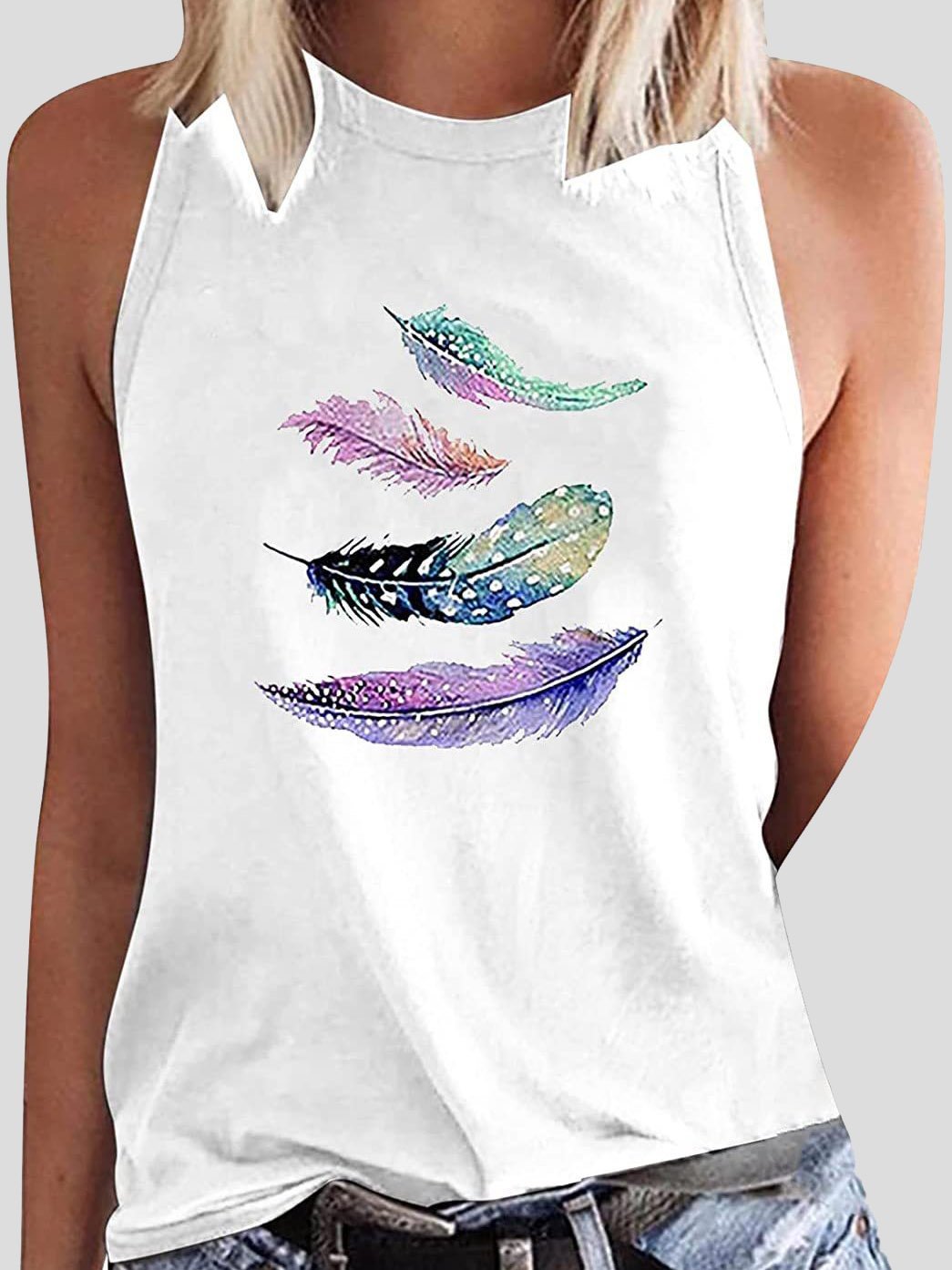 Feather Print Sleeveless Casual Tank Tops - LuckyFash™