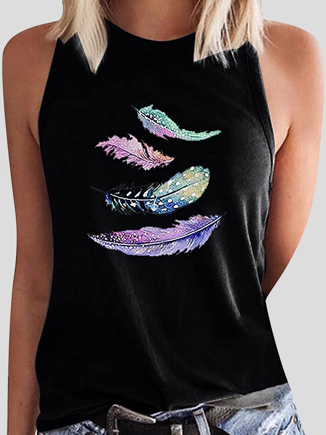 Feather Print Sleeveless Casual Tank Tops - LuckyFash™