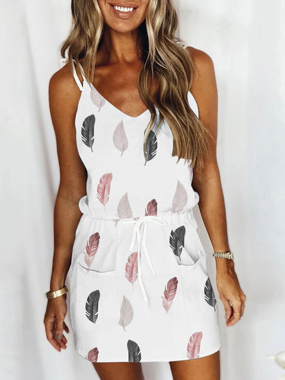 Feather Print V-neck Suspender Dress - LuckyFash™