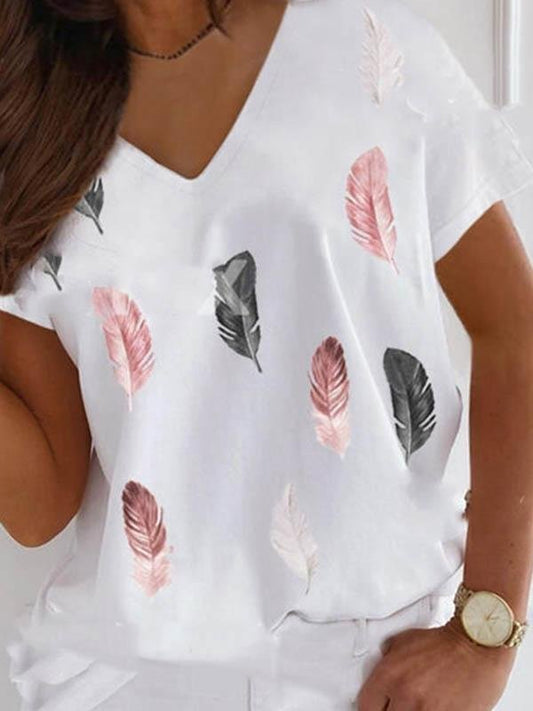 Feather Print V-neck T-shirt - LuckyFash™