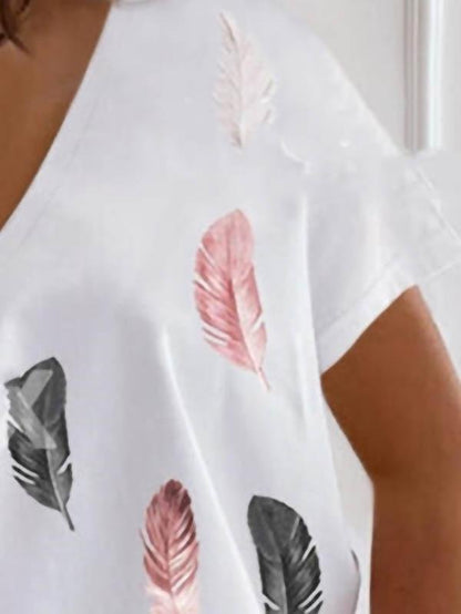 Feather Print V-neck T-shirt - LuckyFash™