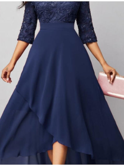 Womenâ€˜s Formal Party Dress Maxi long Dress Navy Blue 3/4 Length Sleeve Print Pure Color Ruched Lace Fall Winter V Neck Elegant Fashion Modern 2023 3XL - LuckyFash™
