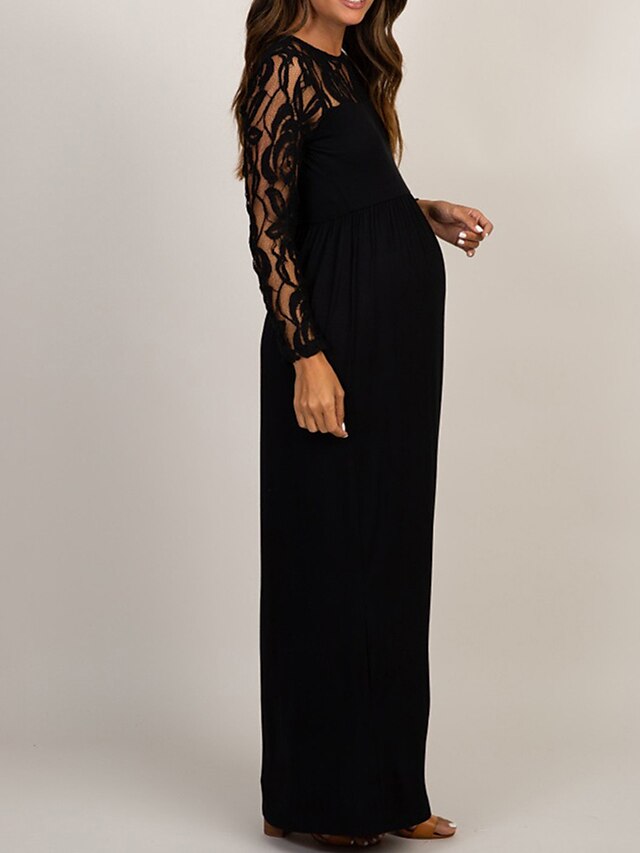 Womenâ€˜s Baby Shower Dress Casual Dress Lace Dress Sheath Dress Solid Color Maxi Long Sleeve Lace Patchwork Crew Neck Black White Pink Spring S M L XL XXL - LuckyFash™
