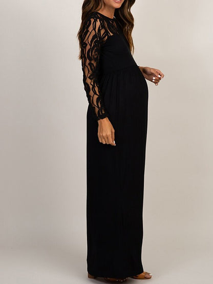 Womenâ€˜s Baby Shower Dress Casual Dress Lace Dress Sheath Dress Solid Color Maxi Long Sleeve Lace Patchwork Crew Neck Black White Pink Spring S M L XL XXL - LuckyFash™