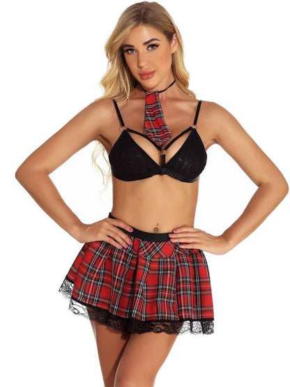 Female Plaid Skirt Lingerie With Lace Trim - LuckyFash™