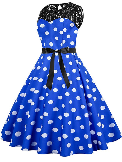Women's Elegant Retro Vintage Dress Midi Dress Outdoor Holiday Lace Polka Dot Crew Neck Sleeveless Regular Fit Summer Spring 2023 Black White S M L XL - LuckyFash™