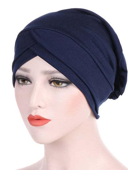 Solid Stretch Fabric Forehead Cross India Cap Turban Hat Women Elastic Turban Muslim Hijab Islamic India Hair Loss Caps Scarf Headwraps - LuckyFash™