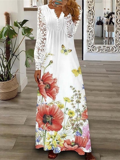 Women's Floral Butterfly Lace Dress Long Dress Maxi Dress Casual Dress A Line Dress Fashion Streetwear Outdoor Daily Going out Print Long Sleeve V Neck Dress Regular Fit Light Yellow Black White - LuckyFash™